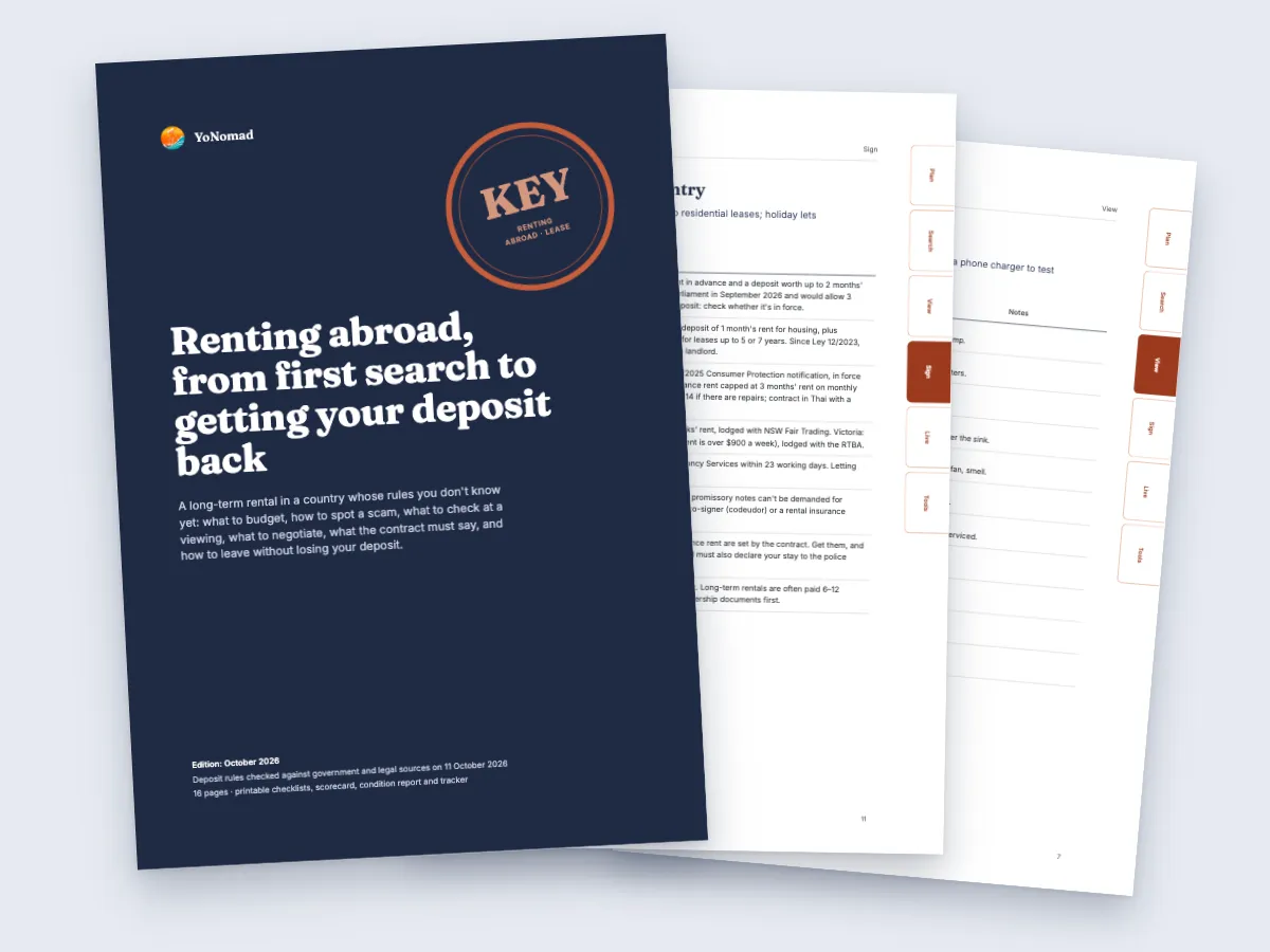 Three pages of the Renting Abroad guide: the cover, the deposits by country table and the room inspection checklist
