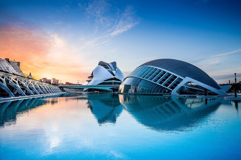 Valencia's futuristic City of Arts and Sciences complex with its striking white architecture reflected in surrounding pools